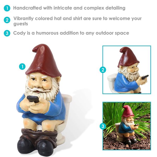 Sunnydaze Decor 9.5 H x 4.5-in W Blue Cody Reading a Phone on the Throne Outdoor Garden Gnome