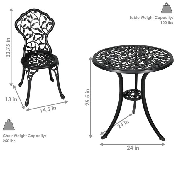 Sunnydaze Decor 3-Piece Black Cast Aluminum Patio Bistro Set