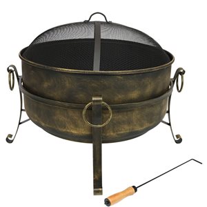 Sunnydaze Decor Cauldron 24-in W Black Steel Wood-Burning Fire Pit w/ Spark Screen and Grate