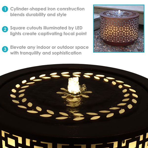 Sunnydaze Decor 14-in H Iron Repeating Squares Cylinder Outdoor Water Fountain w/ LED Lights