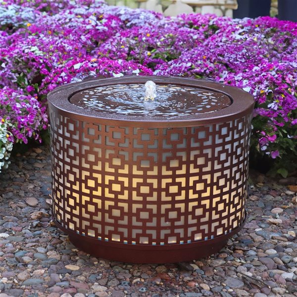 Sunnydaze Decor 14-in H Iron Repeating Squares Cylinder Outdoor Water Fountain w/ LED Lights