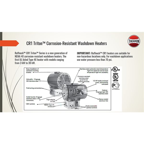 Ruffneck Stainless Steel 480 V Wash Down Unit Heater c/w Thermostat - 3Ø 10 kW