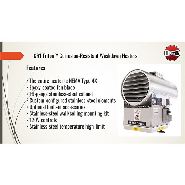 Ruffneck Stainless Steel 480 V Wash Down Unit Heater c/w Thermostat - 3Ø 10 kW