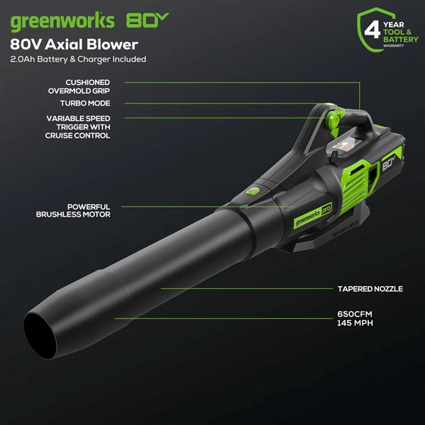 Greenworks 80 V 730 CFM Brushless Cordless Leaf Blower, 2.0 Ah Battery and Charger Included