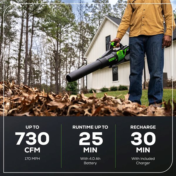 Greenworks 80 V 730 CFM Brushless Cordless Leaf Blower, 2.0 Ah Battery and Charger Included