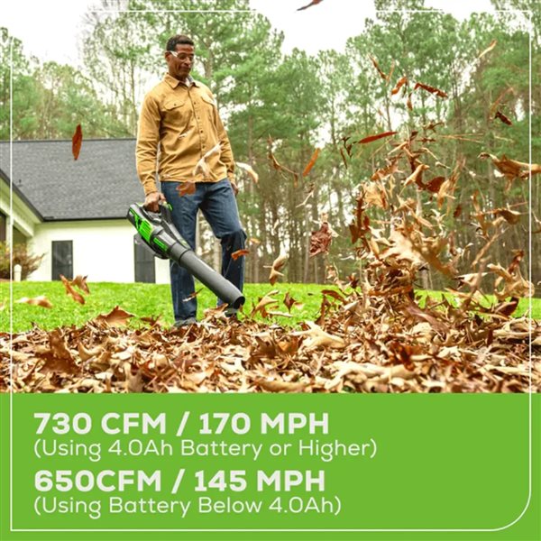 Greenworks 80 V 730 CFM Brushless Cordless Leaf Blower, 2.0 Ah Battery and Charger Included