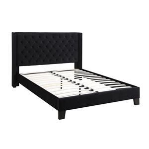 Brassex Jia Black Upholstered Queen Platform Bed w/ Headboard