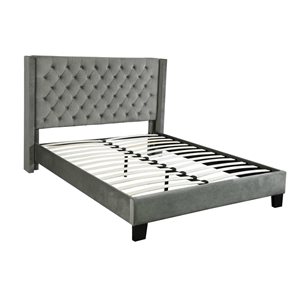 Brassex Jia Grey Upholstered Queen Platform Bed w/ Headboard