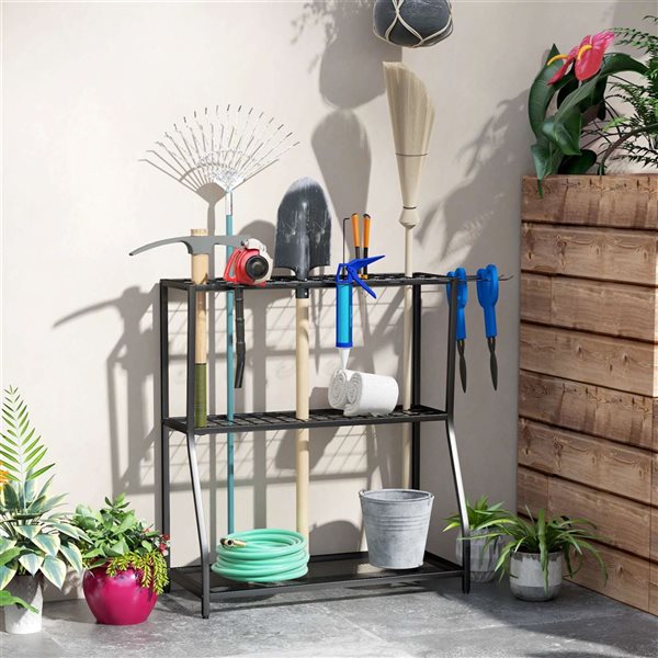 Outsunny Black 3-Tier Garden Tool Organizer w/ Hooks