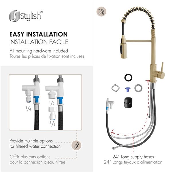 Stylish Milano Pull-Down Kitchen Faucet with Water Filter - Stainless Steel/Gold