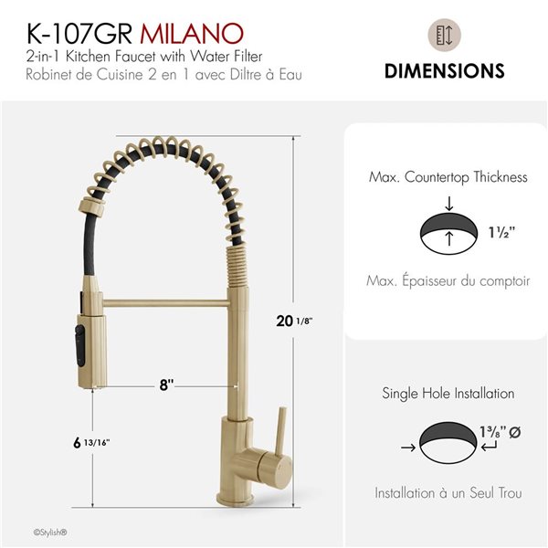 Stylish Milano Pull-Down Kitchen Faucet with Water Filter - Stainless Steel/Gold
