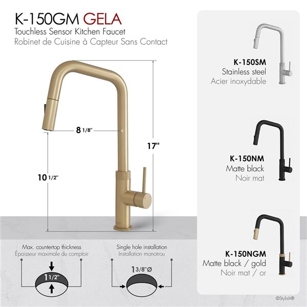 Stylish Gela Single Handle Brushed Gold Pull Down Touchless Kitchen Faucet
