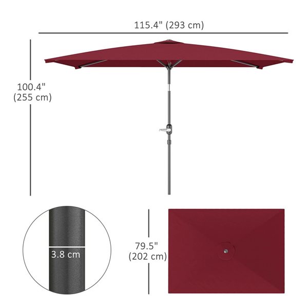Outsunny Rectangle Aluminum Tilt Patio Umbrella - Wine Red