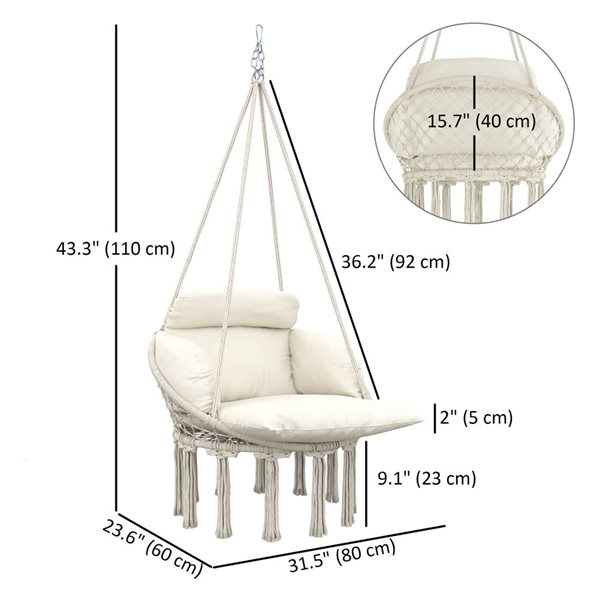 Outsunny Boho Cushioned Hanging Swing Chair - Cream