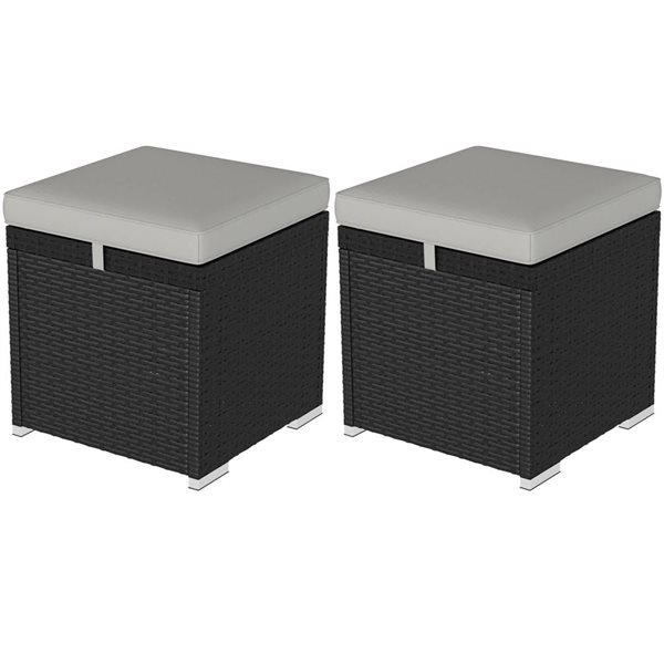 Outsunny 2-Pcs Wicker Outdoor Ottoman w/ Storage and Cushions - Grey ...