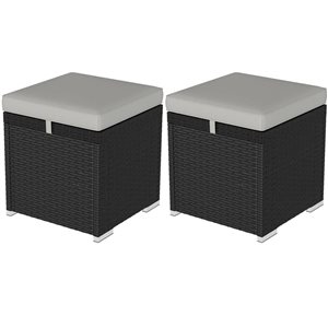 Outsunny 2-Pcs Wicker Outdoor Ottoman w/ Storage and Cushions - Grey