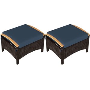 Outsunny 2-Pcs Wicker Outdoor Ottoman w/ Removable Cushion - Blue