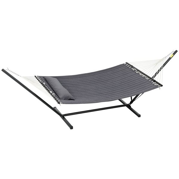 Outsunny Double Cotton Rope Hammock w/ Stand and Pillow - Grey