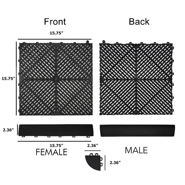 CarTrax FX 6-Piece 15.75 x 15.75-in Black Ribbed Garage Tile