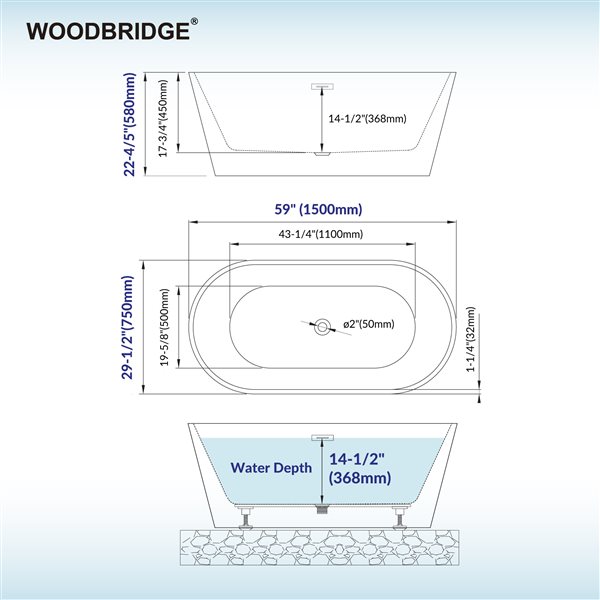 Woodbridge 59 x 30-in Freestanding White Acrylic Soaking Bathtub w/ Brushed Nickel Overflow and Drain