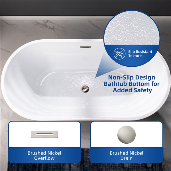 Woodbridge 59 x 30-in Freestanding White Acrylic Soaking Bathtub w/ Brushed Nickel Overflow and Drain