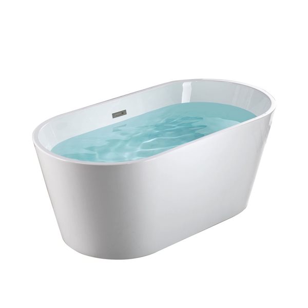 Woodbridge 59 x 30-in Freestanding White Acrylic Soaking Bathtub w/ Brushed Nickel Overflow and Drain