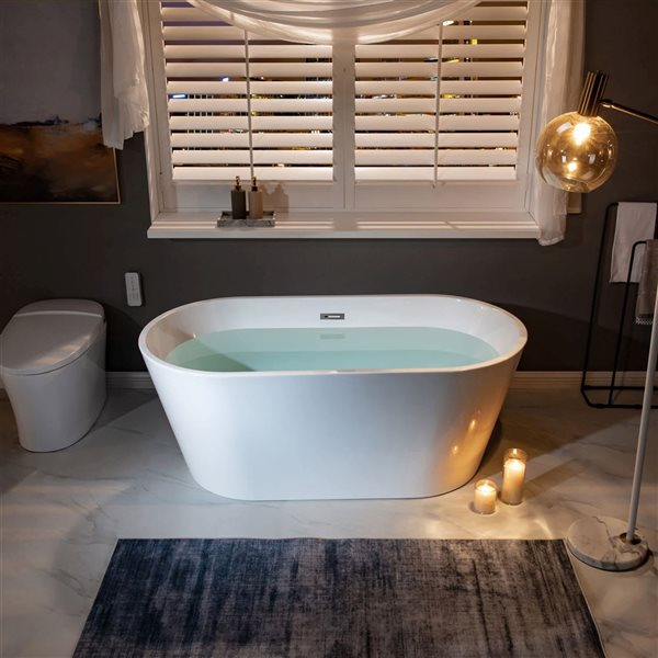 Woodbridge 59 x 30-in Freestanding White Acrylic Soaking Bathtub w/ Brushed Nickel Overflow and Drain