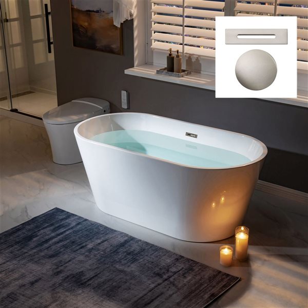 Woodbridge 59 x 30-in Freestanding White Acrylic Soaking Bathtub w/ Brushed Nickel Overflow and Drain