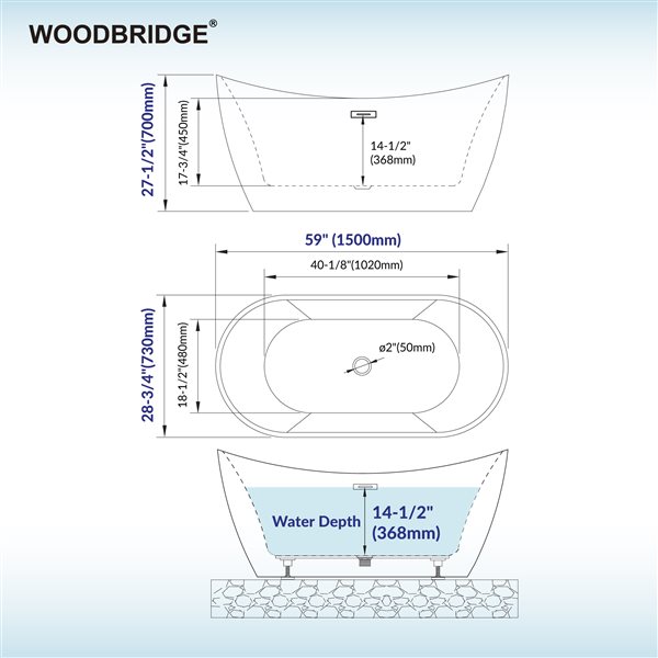 Woodbridge 59 x 29-in Freestanding White Acrylic Soaking Bathtub w/ Matte Black Overflow and Drain