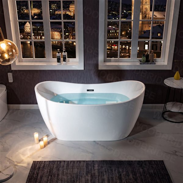 Woodbridge 59 x 29-in Freestanding White Acrylic Soaking Bathtub w/ Matte Black Overflow and Drain