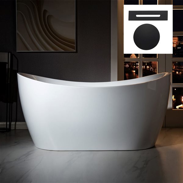 Woodbridge 59 x 29-in Freestanding White Acrylic Soaking Bathtub w/ Matte Black Overflow and Drain