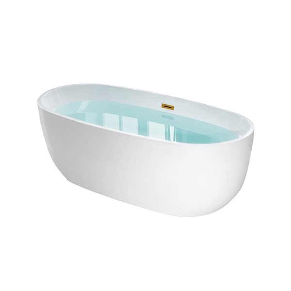 Woodbridge 67 x 32-in Freestanding White Acrylic Soaking Bathtub w/ Brushed Gold Overflow + Drain