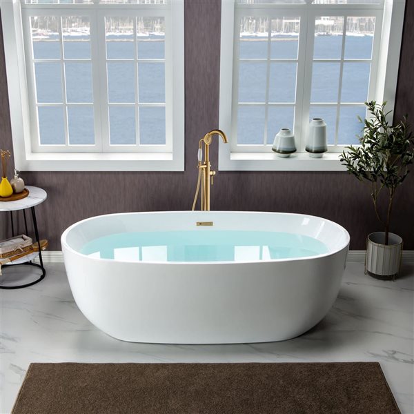 Woodbridge 67 x 32-in Freestanding White Acrylic Soaking Bathtub w/ Brushed Gold Overflow + Drain