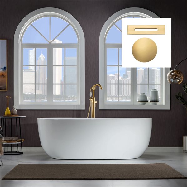 Woodbridge 67 x 32-in Freestanding White Acrylic Soaking Bathtub w/ Brushed Gold Overflow + Drain