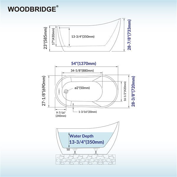 Woodbridge 54 x 28-in Freestanding White Acrylic Soaking Bathtub w/ Matte Black Reversible Drain and Overflow