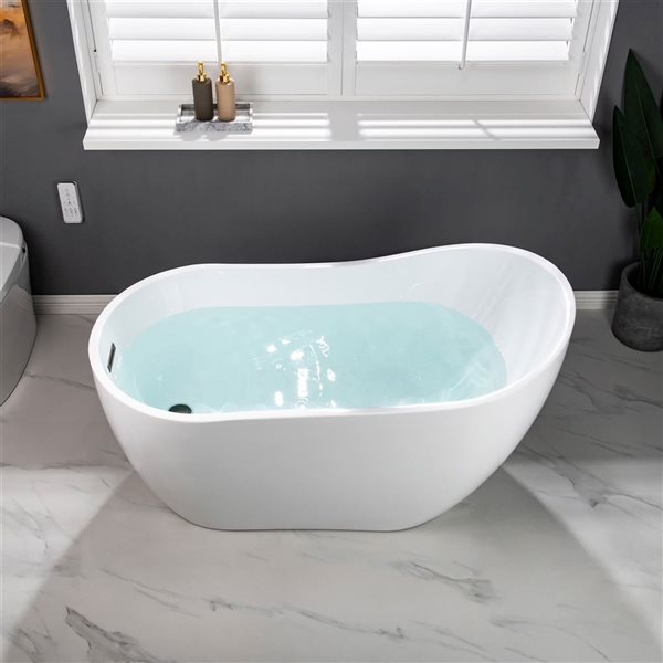 Woodbridge 54 x 28-in Freestanding White Acrylic Soaking Bathtub w/ Matte Black Reversible Drain and Overflow