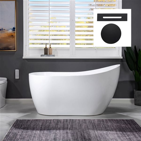 Woodbridge 54 x 28-in Freestanding White Acrylic Soaking Bathtub w/ Matte Black Reversible Drain and Overflow