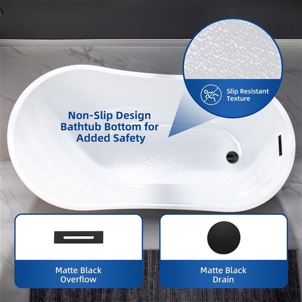 Woodbridge 54 x 28-in Freestanding White Acrylic Soaking Bathtub w/ Matte Black Reversible Drain and Overflow