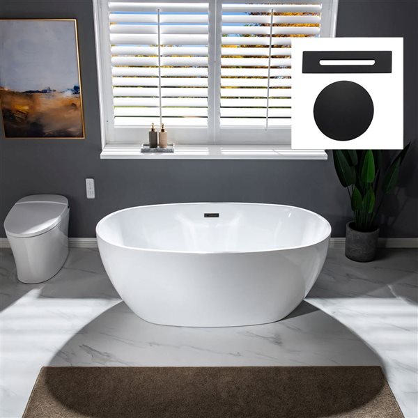 Woodbridge 59 x 32-in Freestanding Non-Slip White Acrylic Soaking Bathtub w/ Matte Black Overflow and Drain