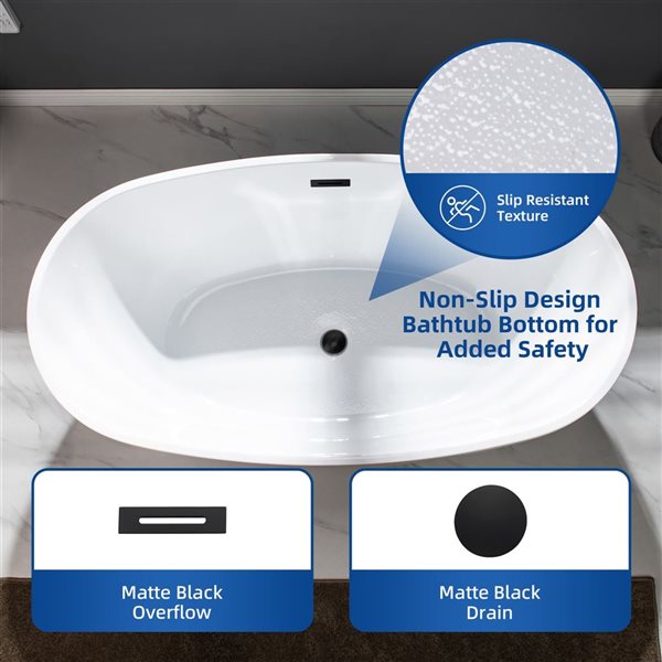 Woodbridge 59 x 32-in Freestanding Non-Slip White Acrylic Soaking Bathtub w/ Matte Black Overflow and Drain