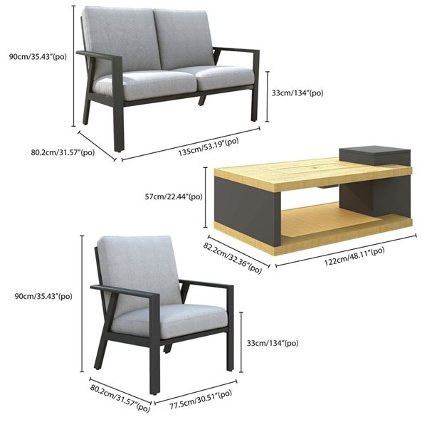 Patio Flare Starlight 4-Piece Aluminum Frame Patio Conversation Fire Pit Set w/ Sunbrella Fabric