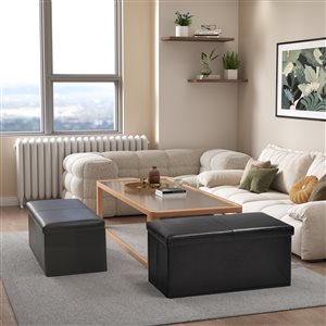 Homy Casa Midcentury Rectangle 32-in W Black Faux Leather Foldable Storage Bench w/ Cushioned Seat - Set of 2