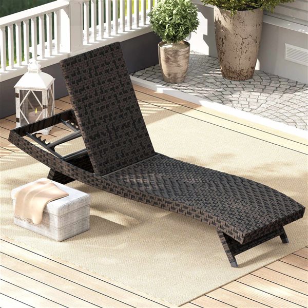 Outsunny Foldable PE Wicker Patio Lounger w/ Adjustable Backrest - Mixed Brown
