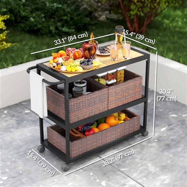 Outsunny 3-Tier Rolling Cart on Wheels with Basket - Mixed-Brown