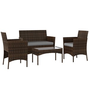Mobilier de jadin en osier Outsunny 4 pièces avec table basse en verre