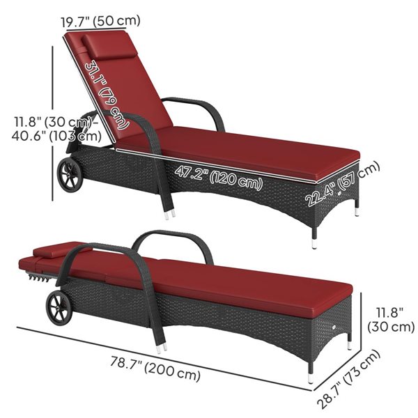 Outsunny Rattan Wicker Chaise Lounge Chair - Deep Coffee/Wine Red