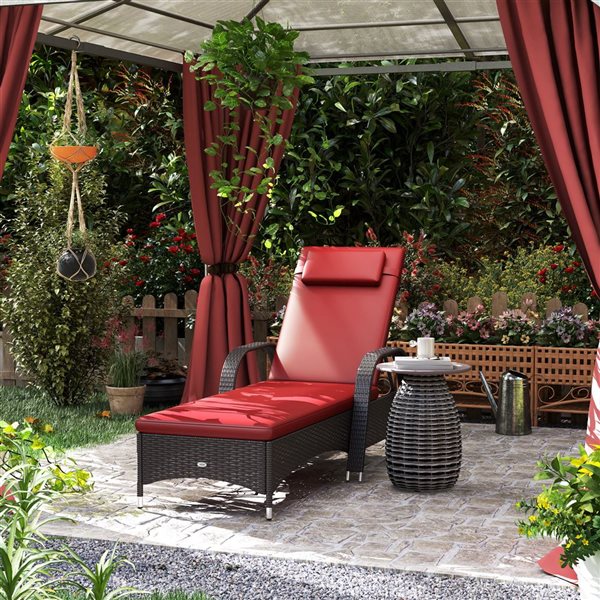 Outsunny Rattan Wicker Chaise Lounge Chair - Deep Coffee/Wine Red