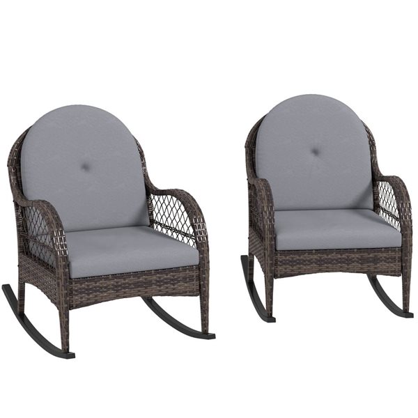 Outsunny 2 Wicker Outdoor Rocking Chair Set with Cushions - Grey