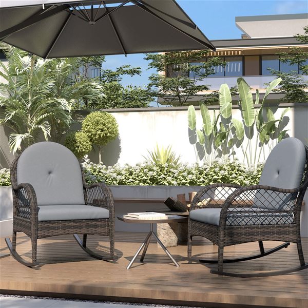 Outsunny 2 Wicker Outdoor Rocking Chair Set with Cushions - Grey