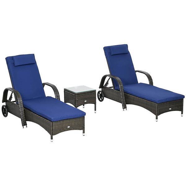 Outsunny 3-Piece Wheeled Patio Rattan Chaise Lounge Set - Dark Blue